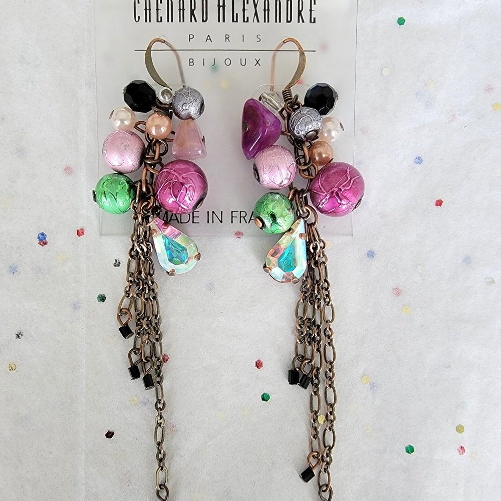 VINTAGE CHENARD ALEXANDRE PARIS  COLORFUL BAUBLE W/ AB TEARDROP CRYSTAL EARRINGS